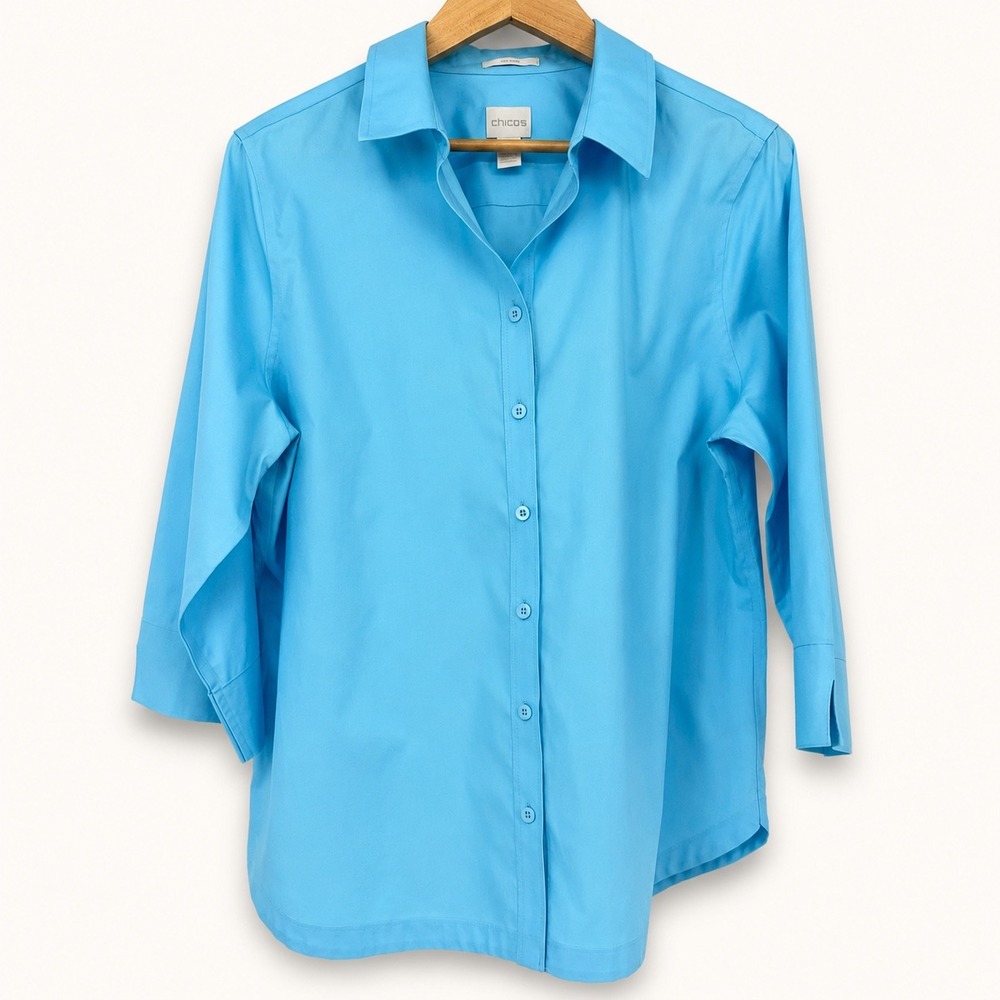 Chico's Women 2 Large Blue No-Iron 3/4 Sleeve Button Up Shirt Career Office